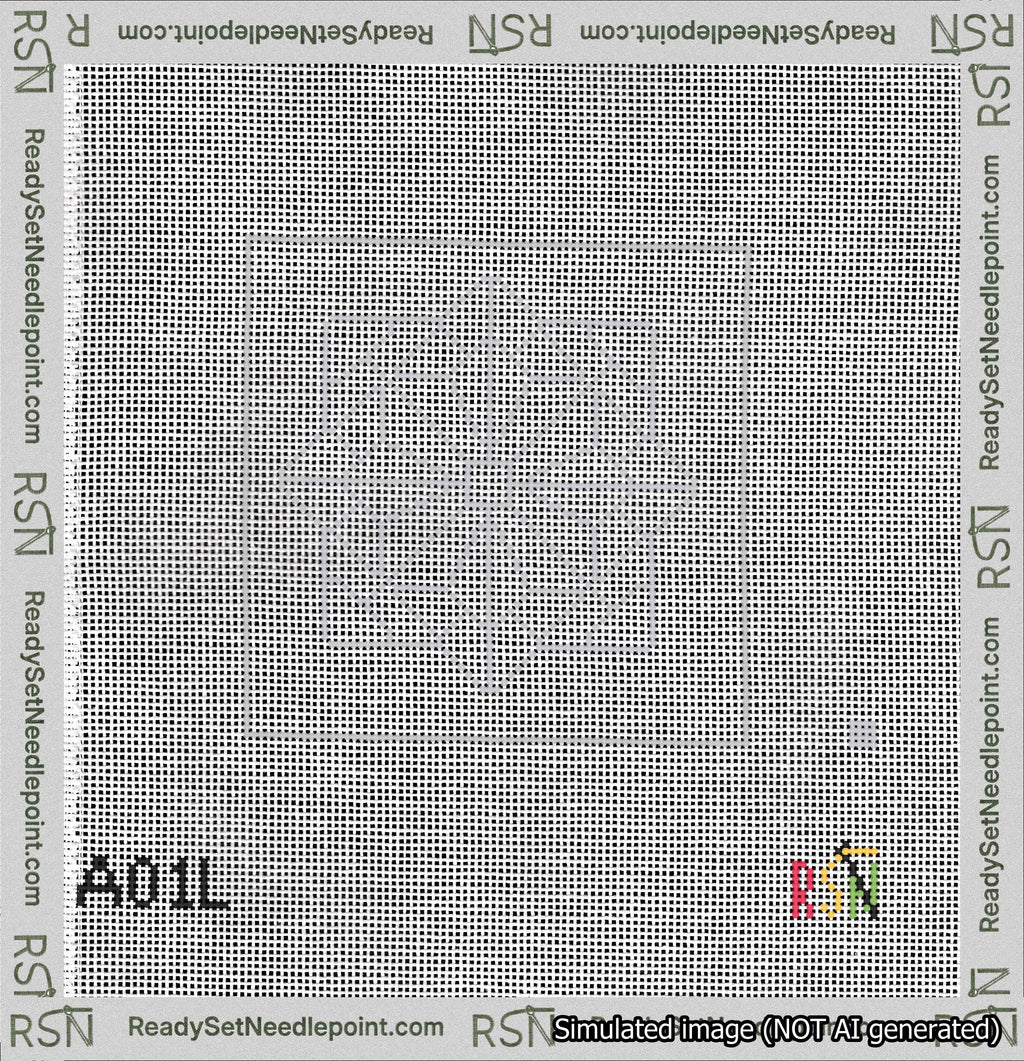 A taped needlepoint canvas with the design: 8-Pointed Mandala Outline Silver.