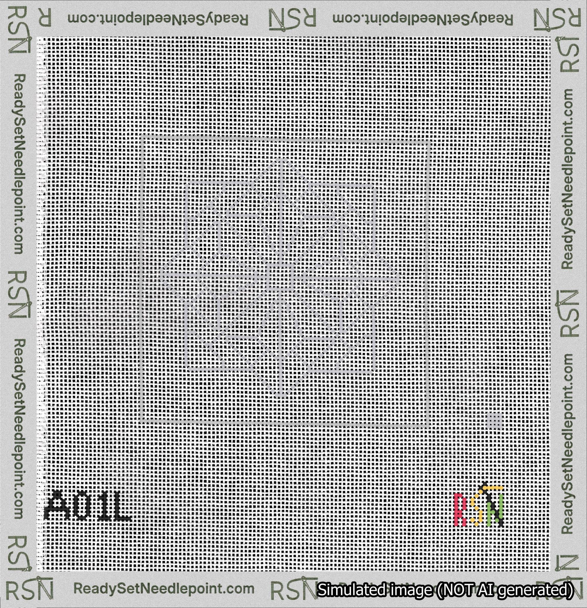 A taped needlepoint canvas with the design: 8-Pointed Mandala Outline Silver.