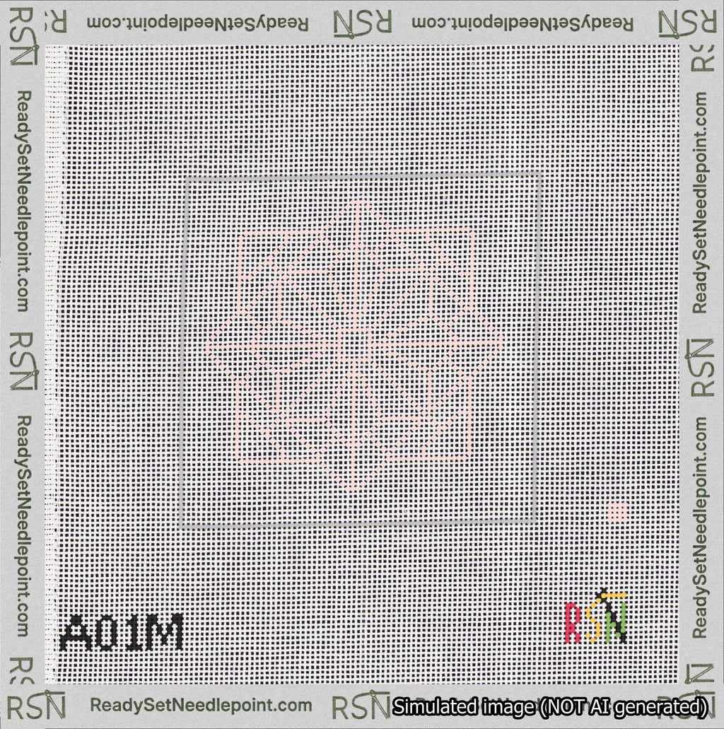A taped needlepoint canvas with the design: 8-Pointed Mandala Outline Pink.