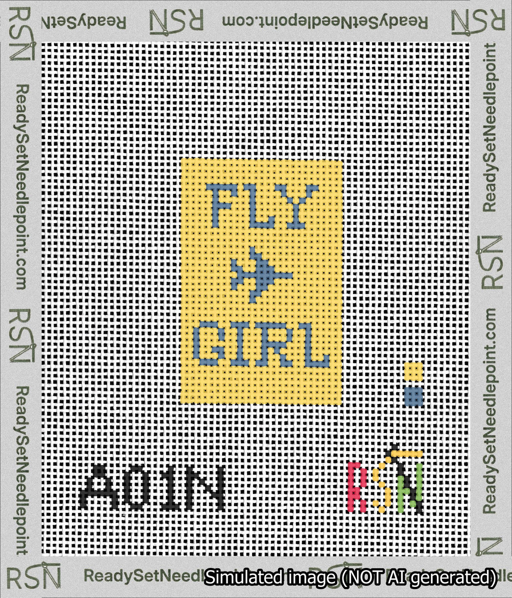 A taped needlepoint canvas with the design: Fly Girl Bag Tag.