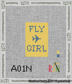 A taped needlepoint canvas with the design: Fly Girl Bag Tag.