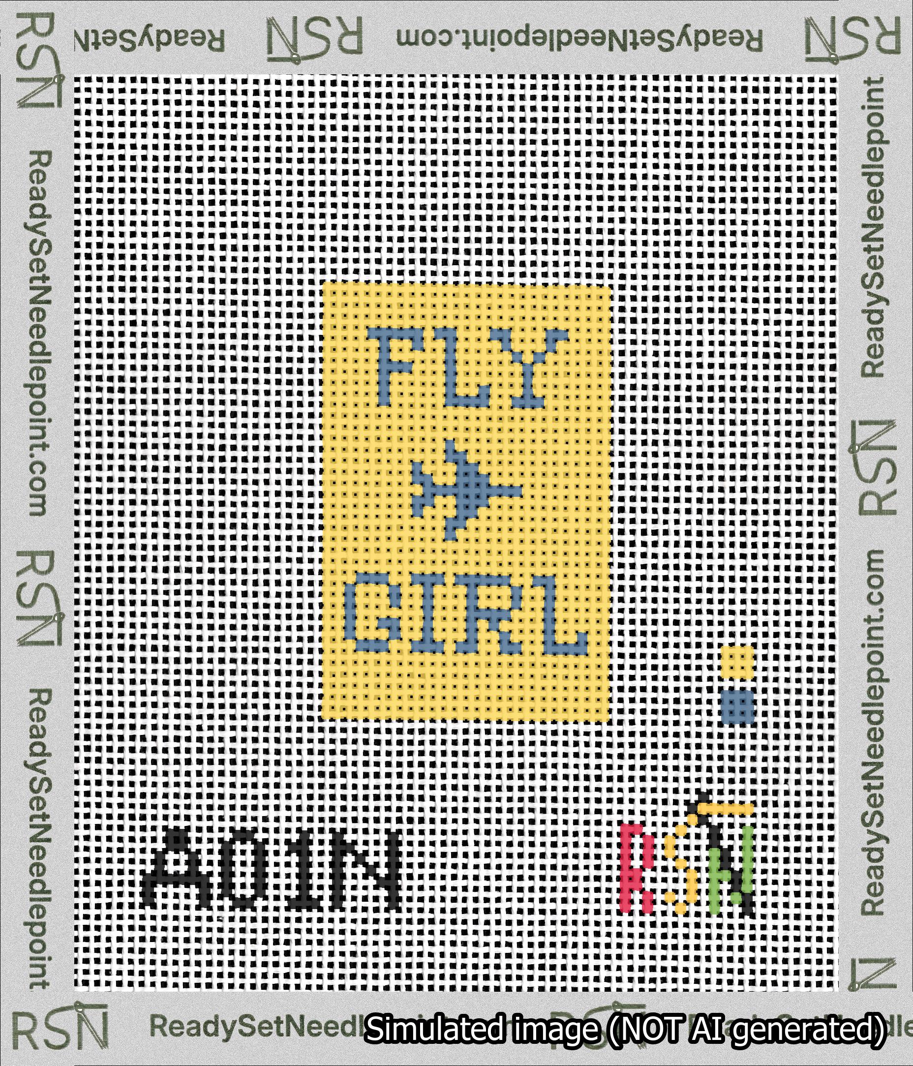 A taped needlepoint canvas with the design: Fly Girl Bag Tag.