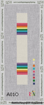 A taped needlepoint canvas with the design: Blanket Stripe Rainbow Key Fob.