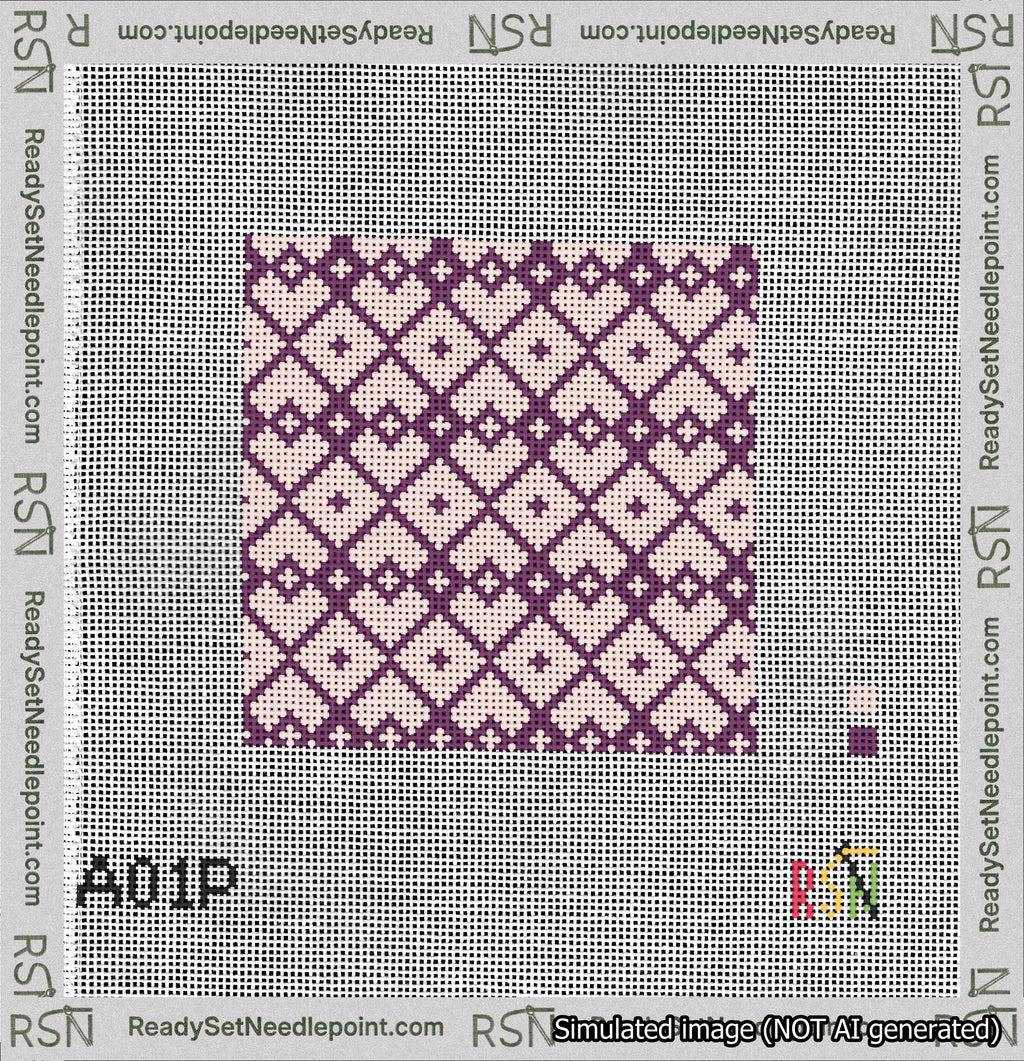 A taped needlepoint canvas with the design: Symmetrical Heart Grid Purple on Pink.