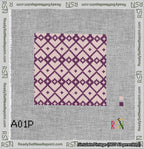 A taped needlepoint canvas with the design: Symmetrical Heart Grid Purple on Pink.