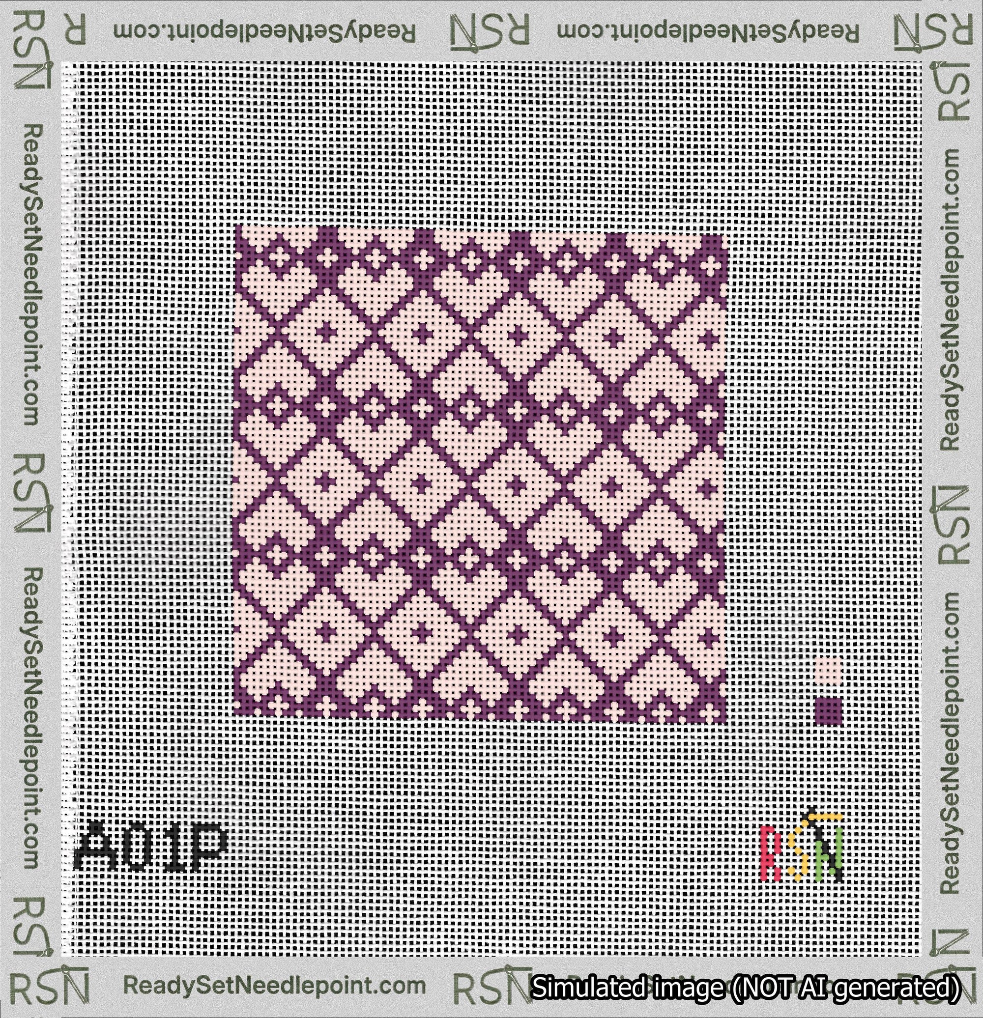 A taped needlepoint canvas with the design: Symmetrical Heart Grid Purple on Pink.