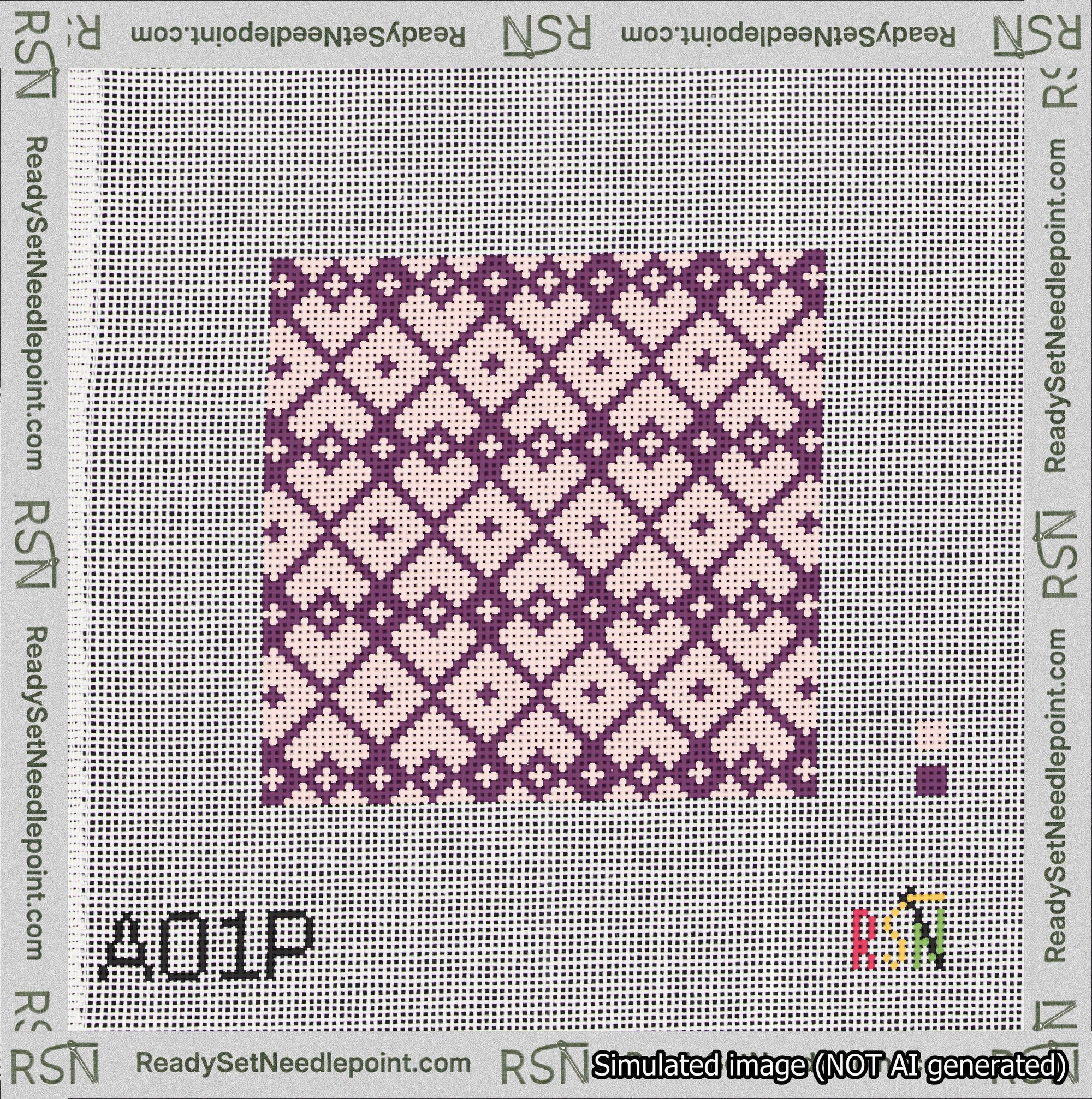 A taped needlepoint canvas with the design: Symmetrical Heart Grid Purple on Pink.
