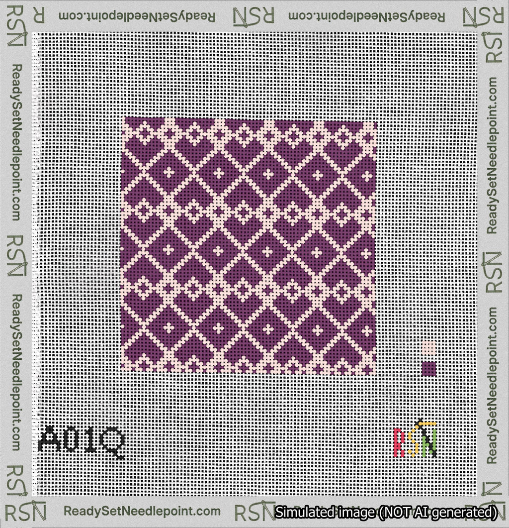 A taped needlepoint canvas with the design: Symmetrical Heart Grid Pink on Purple.
