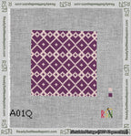A taped needlepoint canvas with the design: Symmetrical Heart Grid Pink on Purple.