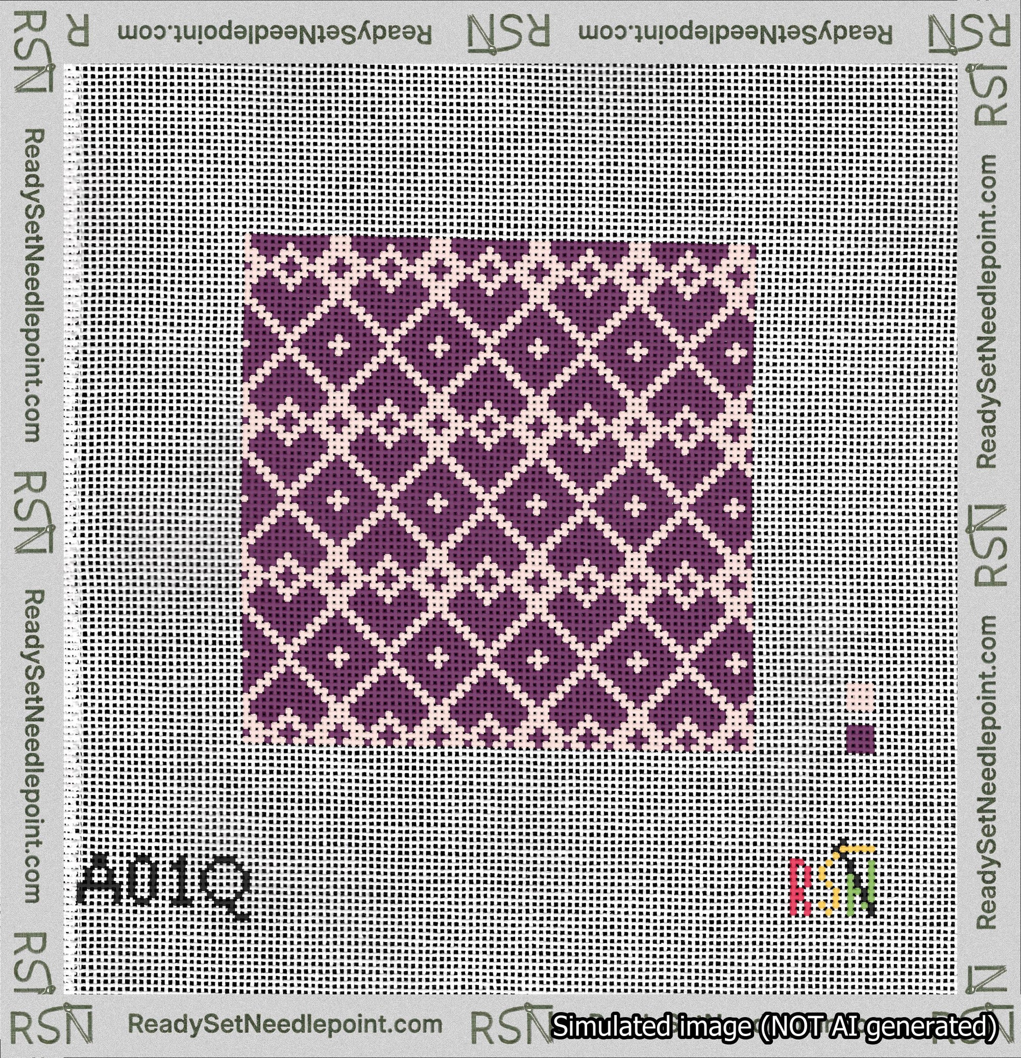 A taped needlepoint canvas with the design: Symmetrical Heart Grid Pink on Purple.