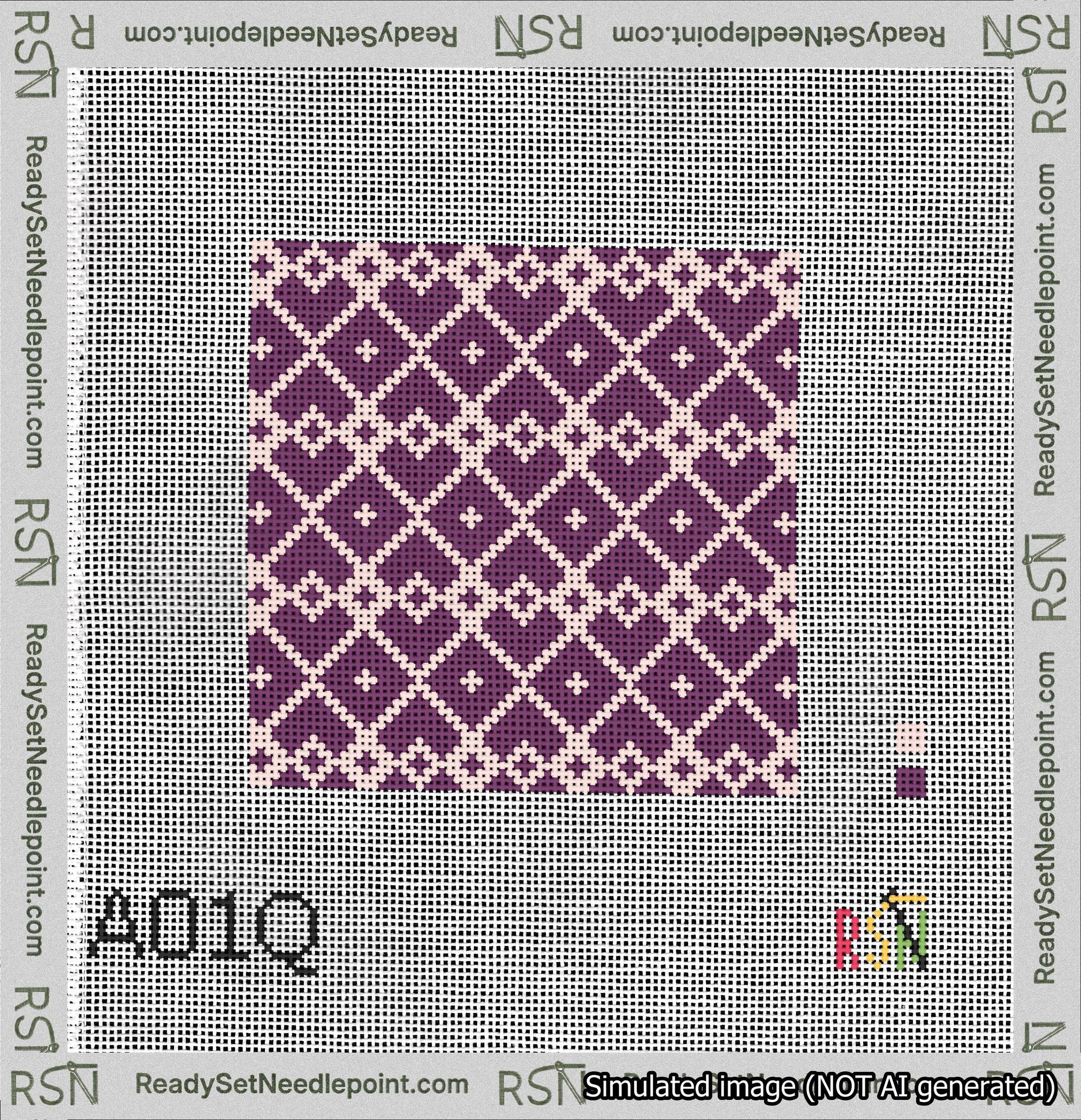 A taped needlepoint canvas with the design: Symmetrical Heart Grid Pink on Purple.