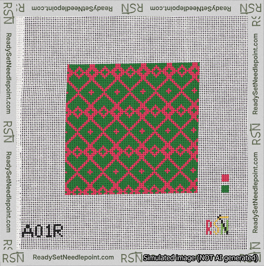 A taped needlepoint canvas with the design: Symmetrical Heart Grid Red on Green.