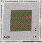 A taped needlepoint canvas with the design: Symmetrical Heart Grid Red on Green.