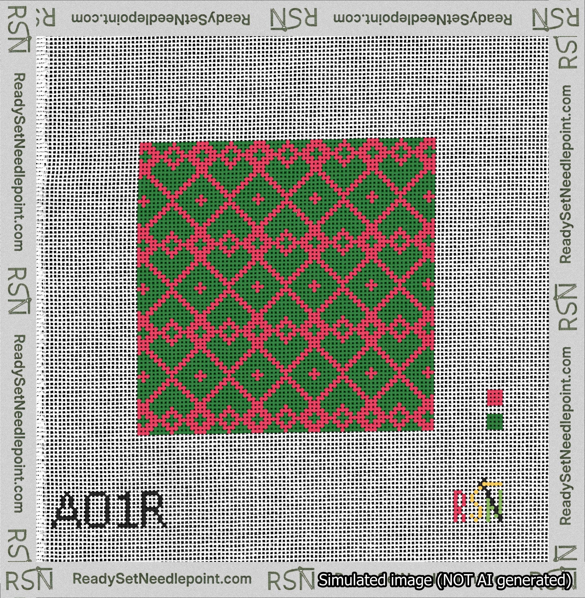 A taped needlepoint canvas with the design: Symmetrical Heart Grid Red on Green.