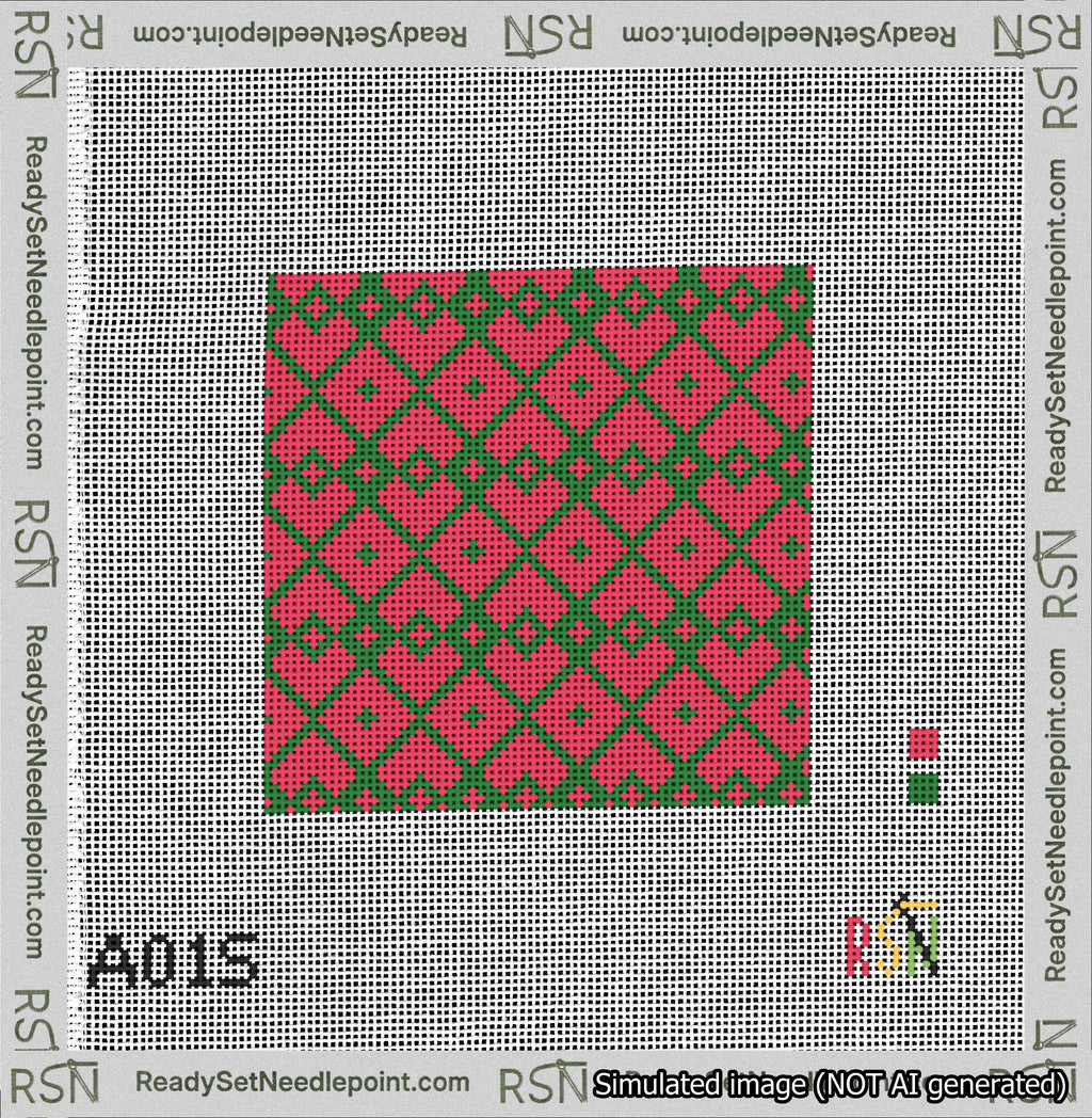 A taped needlepoint canvas with the design: Symmetrical Heart Grid Green on Red.