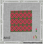 A taped needlepoint canvas with the design: Symmetrical Heart Grid Green on Red.