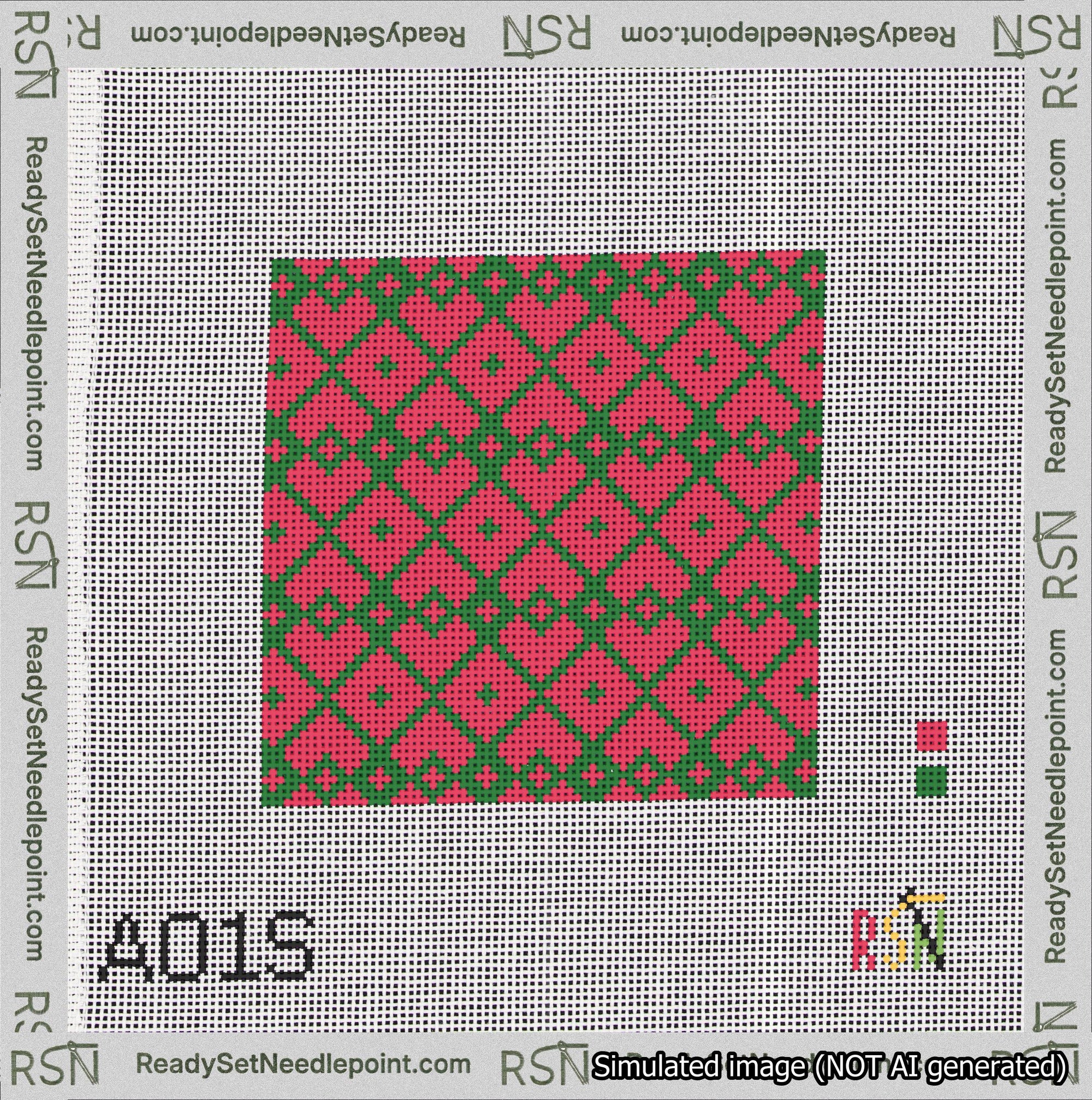 A taped needlepoint canvas with the design: Symmetrical Heart Grid Green on Red.