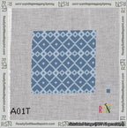 A taped needlepoint canvas with the design: Symmetrical Heart Grid Light Blue on Blue.