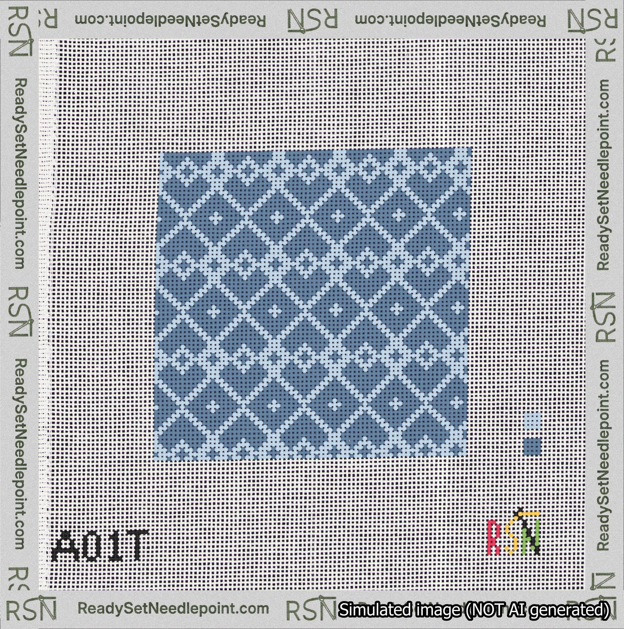 A taped needlepoint canvas with the design: Symmetrical Heart Grid Light Blue on Blue.