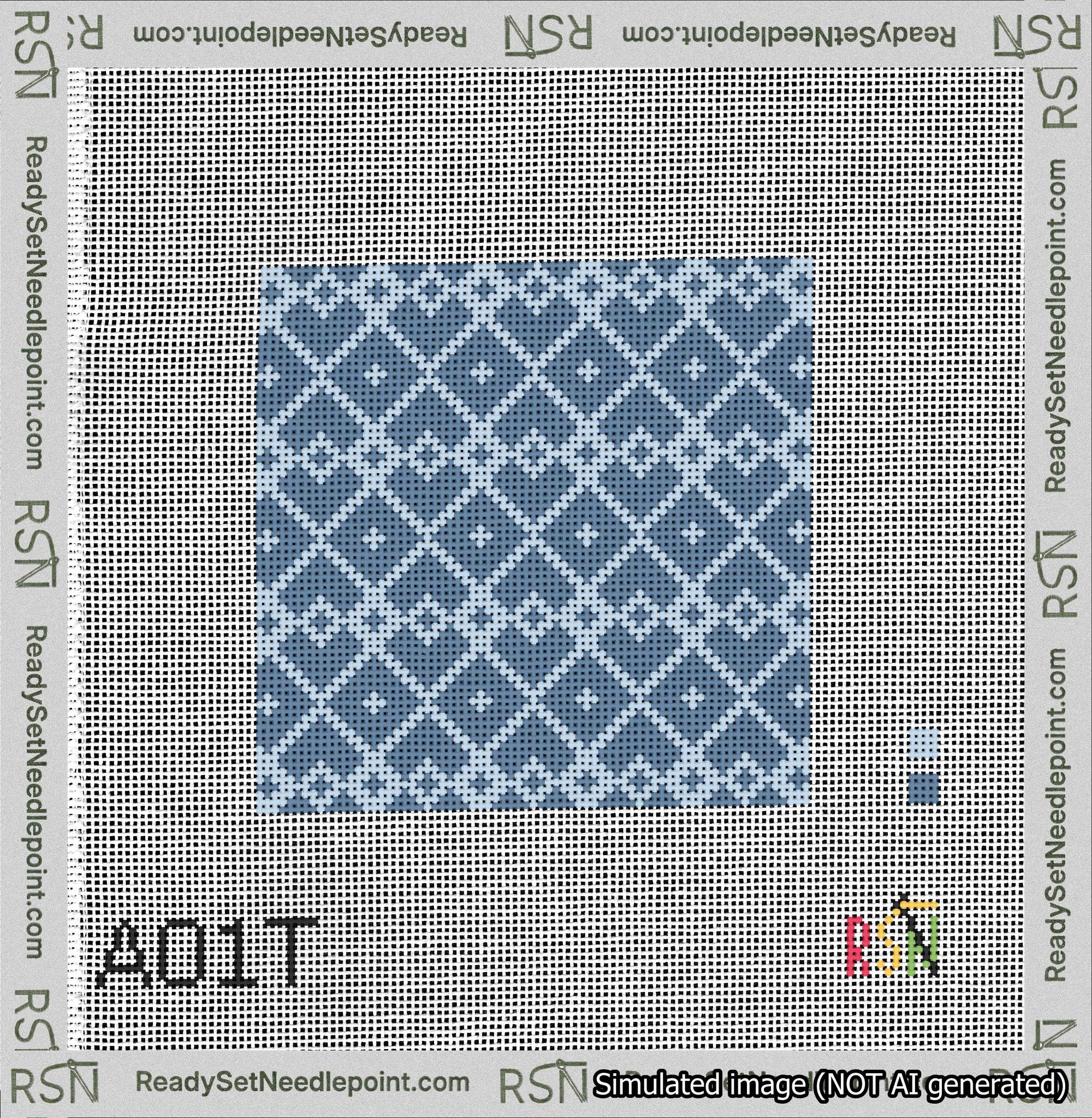 A taped needlepoint canvas with the design: Symmetrical Heart Grid Light Blue on Blue.