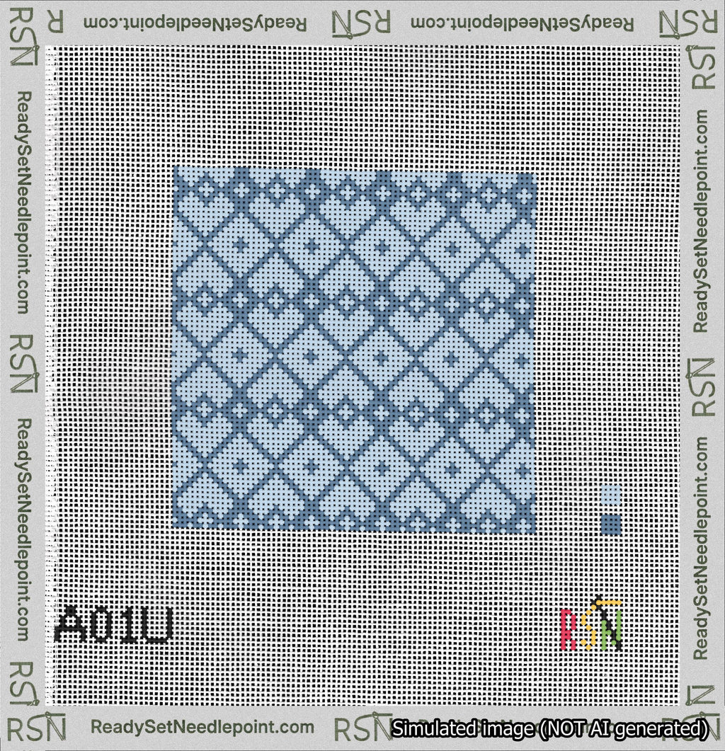 A taped needlepoint canvas with the design: Symmetrical Heart Grid Blue on Light Blue.
