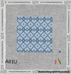 A taped needlepoint canvas with the design: Symmetrical Heart Grid Blue on Light Blue.