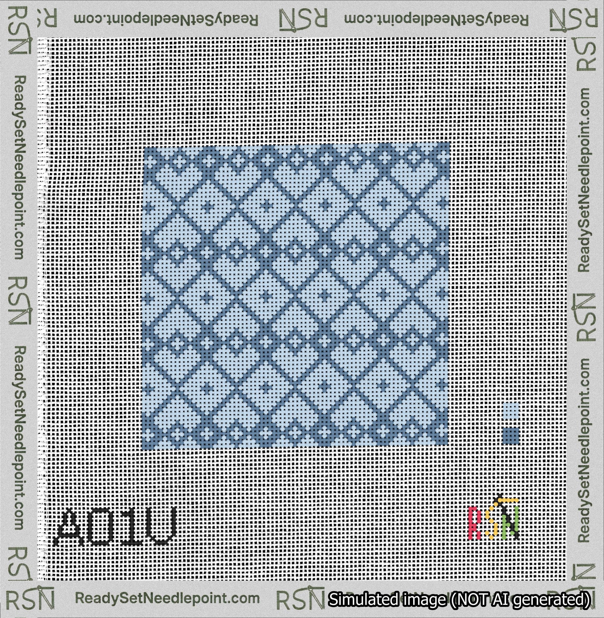 A taped needlepoint canvas with the design: Symmetrical Heart Grid Blue on Light Blue.