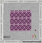 A taped needlepoint canvas with the design: Symmetrical Heart Grid Lilac on Purple.