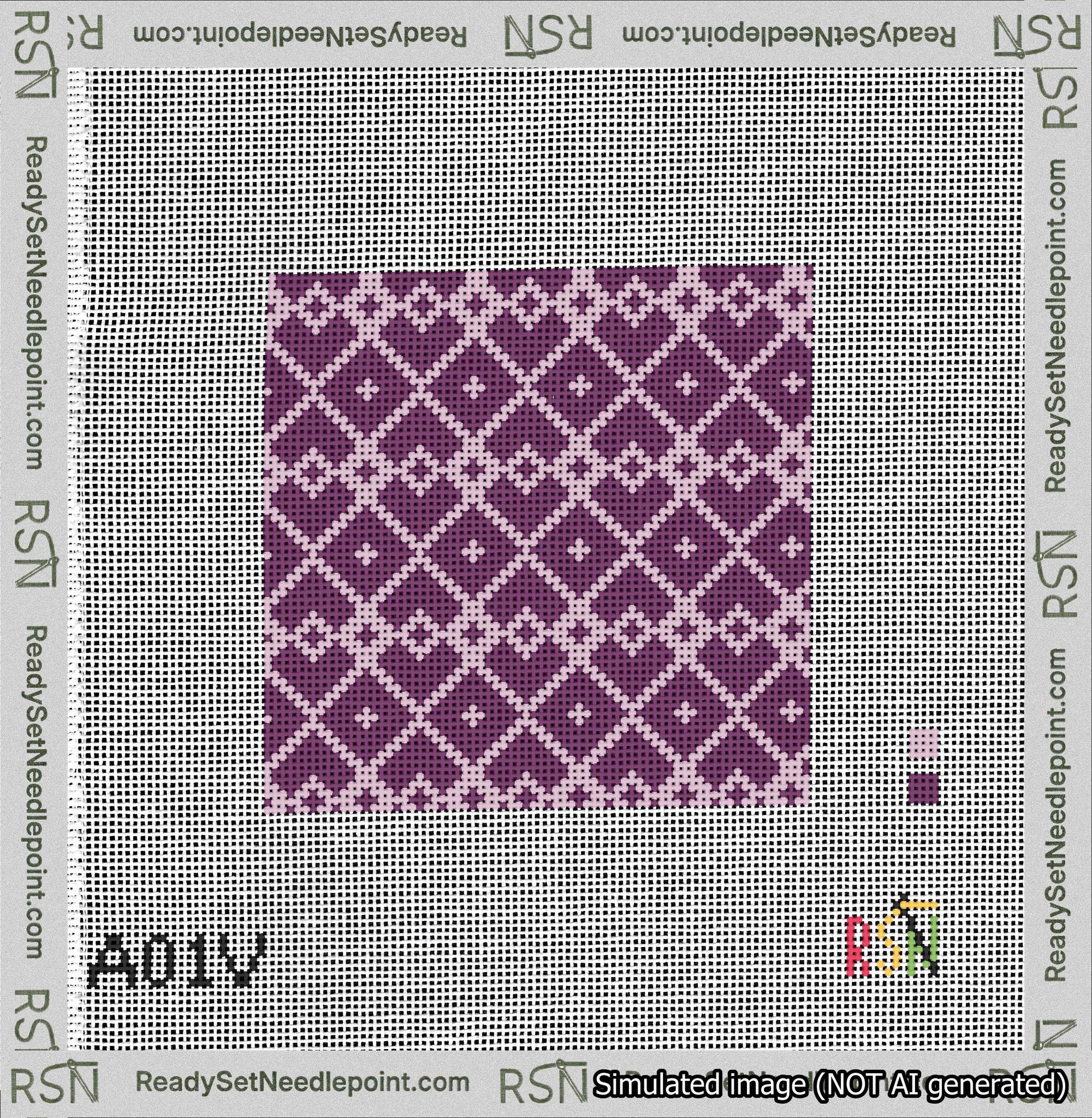 A taped needlepoint canvas with the design: Symmetrical Heart Grid Lilac on Purple.