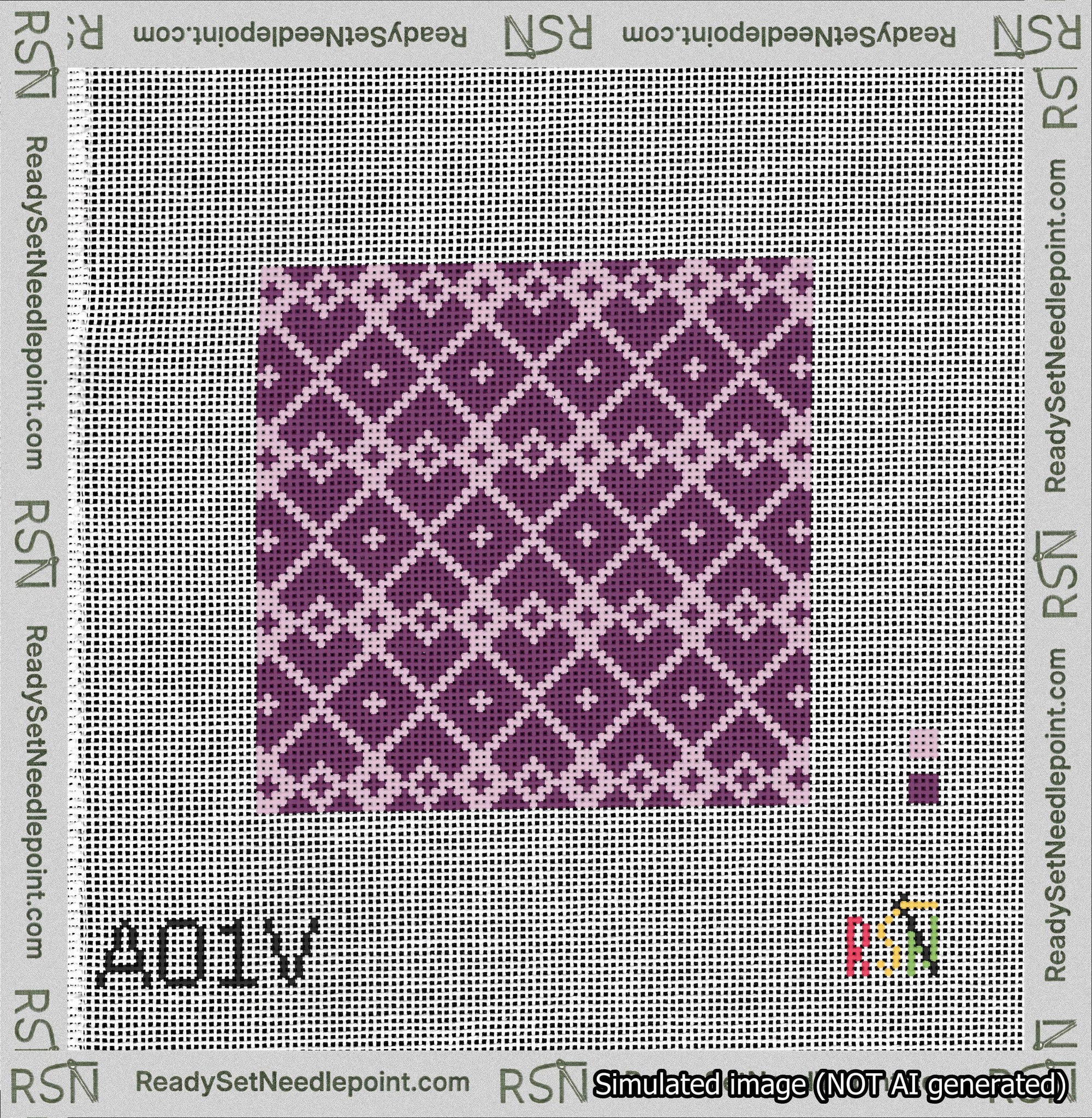 A taped needlepoint canvas with the design: Symmetrical Heart Grid Lilac on Purple.