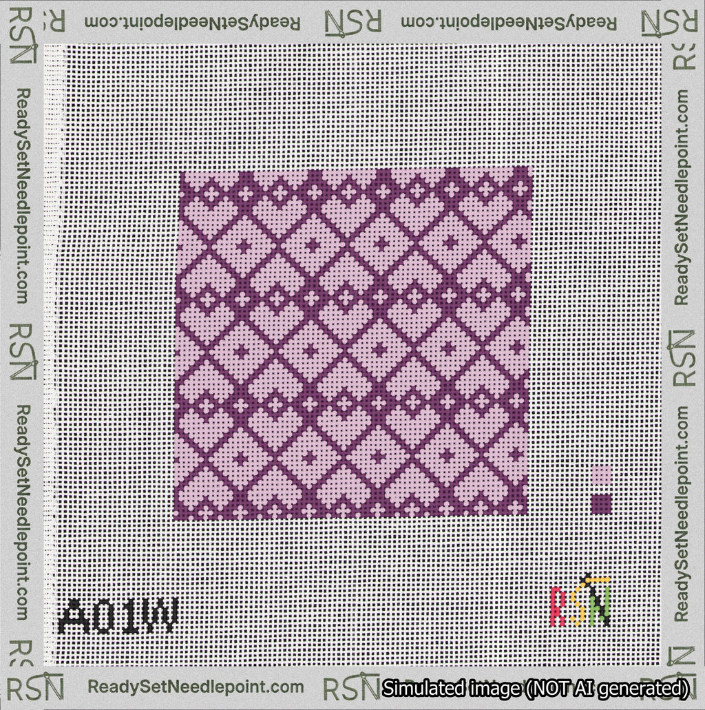 A taped needlepoint canvas with the design: Symmetrical Heart Grid Purple on Lilac.