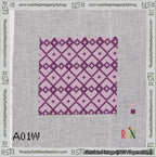 A taped needlepoint canvas with the design: Symmetrical Heart Grid Purple on Lilac.