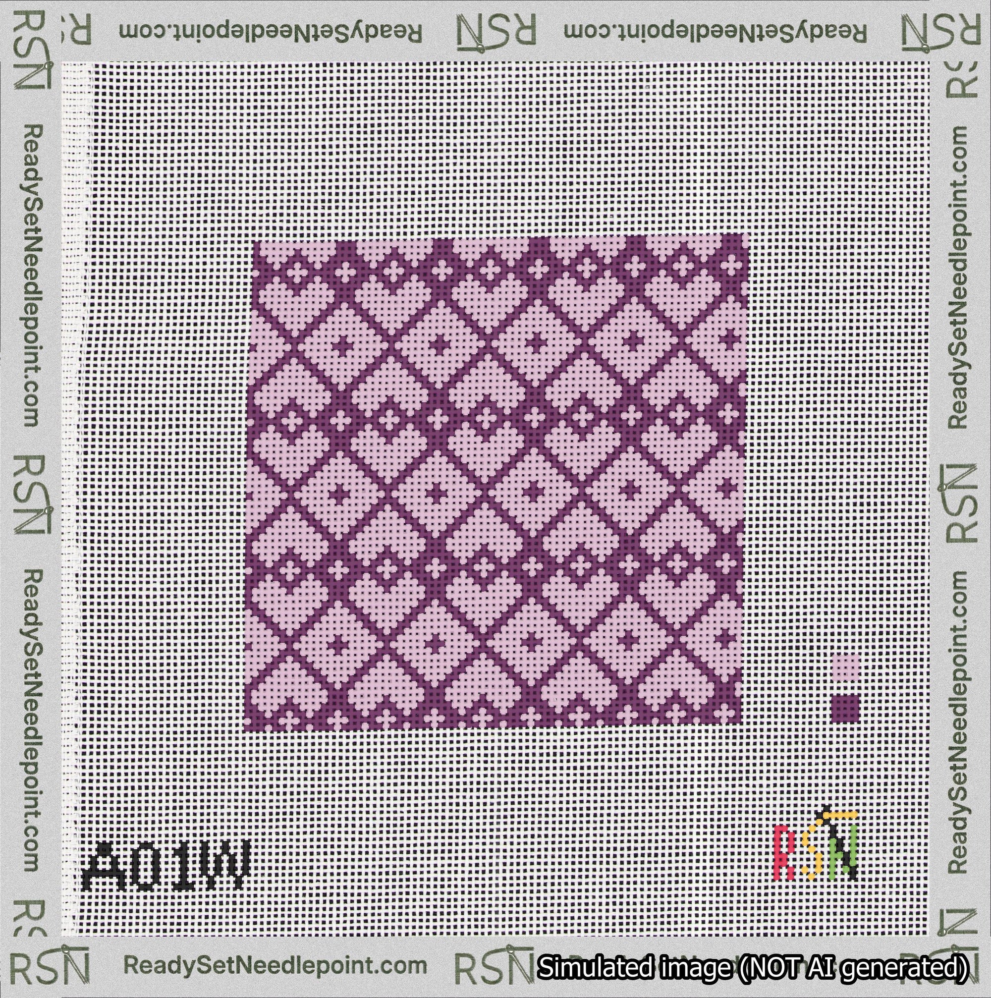 A taped needlepoint canvas with the design: Symmetrical Heart Grid Purple on Lilac.