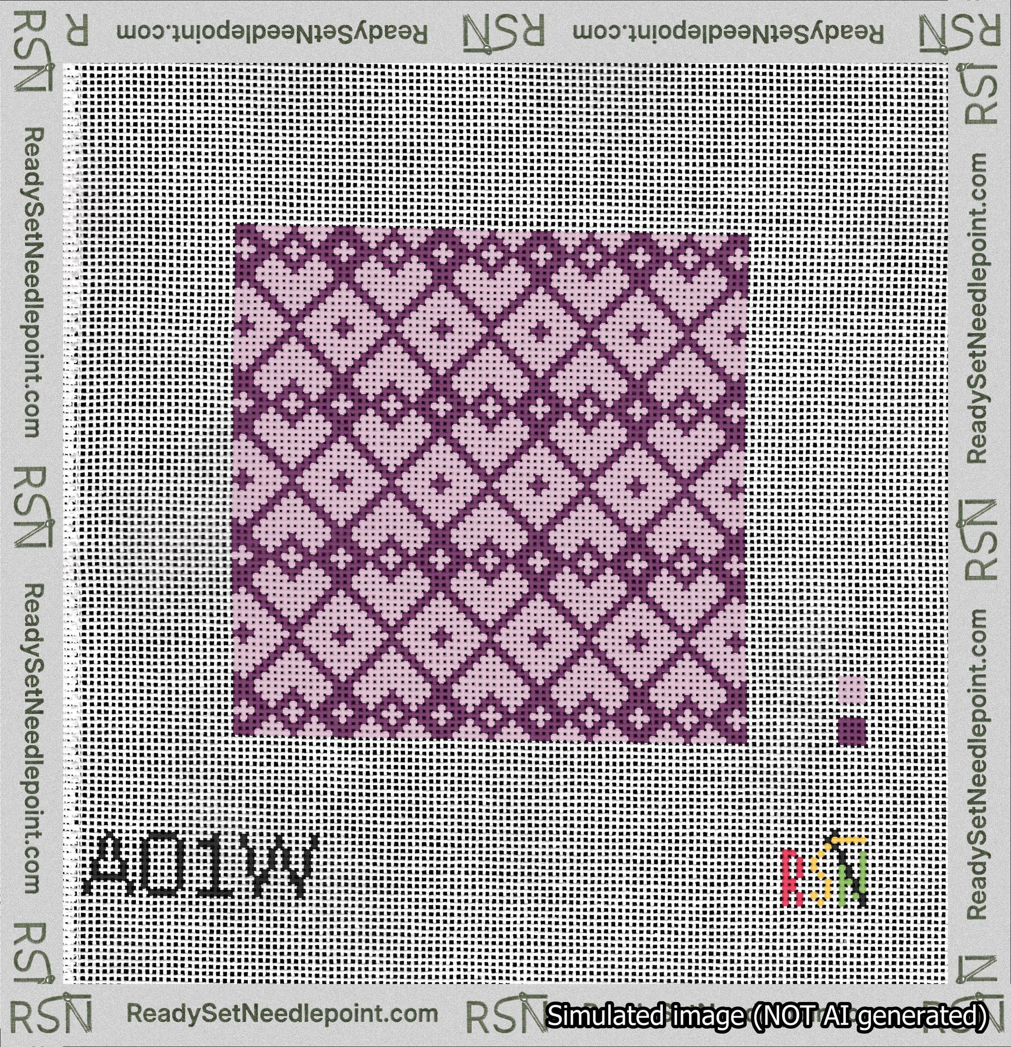 A taped needlepoint canvas with the design: Symmetrical Heart Grid Purple on Lilac.