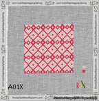 A taped needlepoint canvas with the design: Symmetrical Heart Grid Red on Pink.