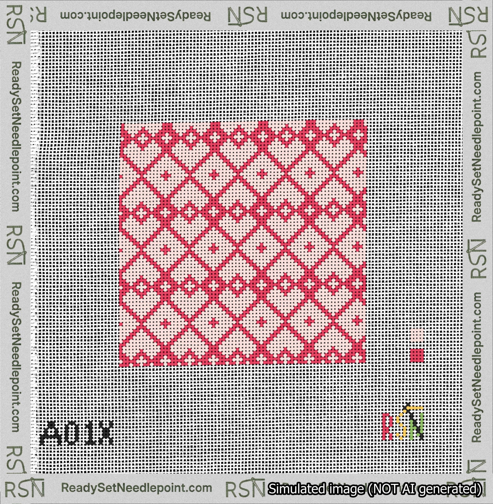 A taped needlepoint canvas with the design: Symmetrical Heart Grid Red on Pink.