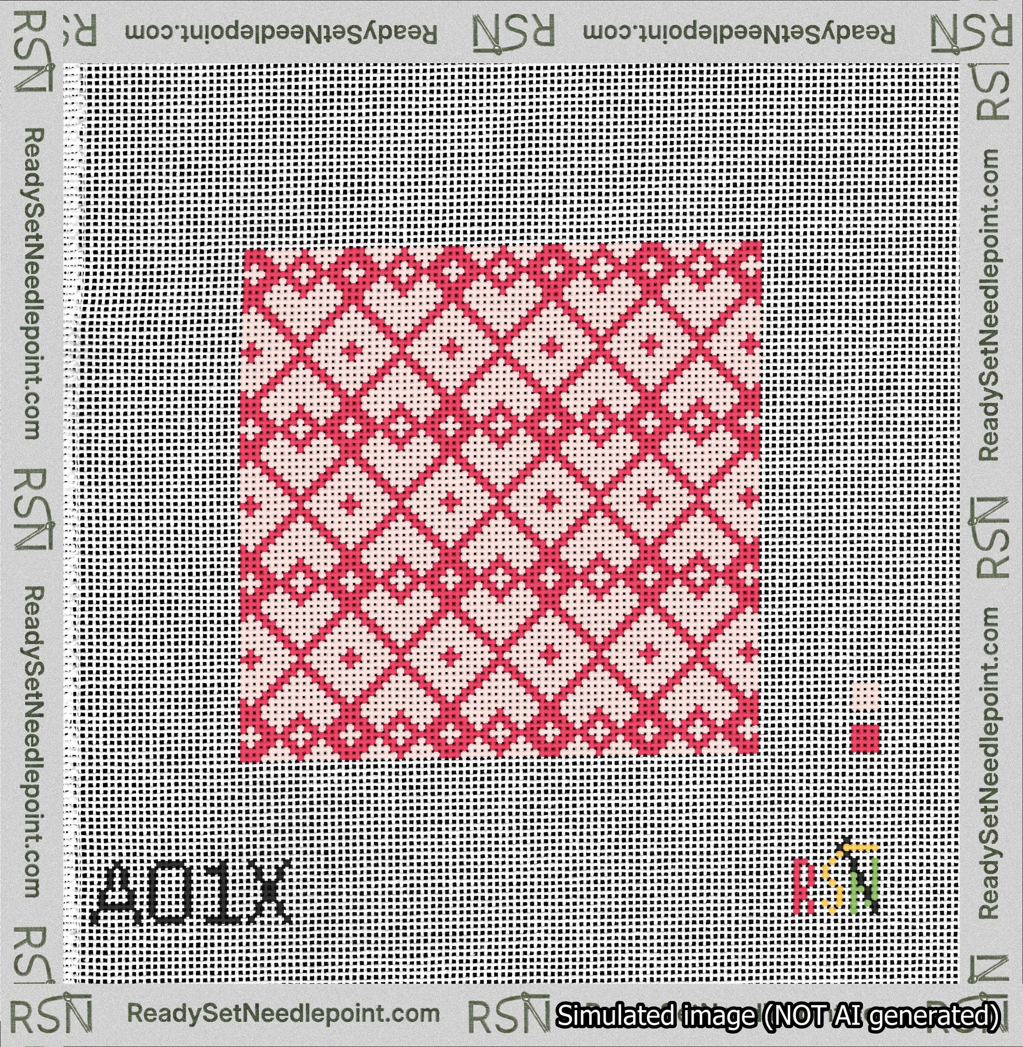 A taped needlepoint canvas with the design: Symmetrical Heart Grid Red on Pink.