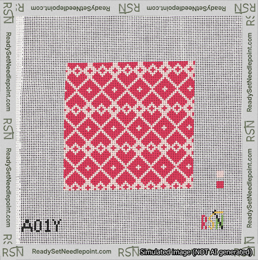 A taped needlepoint canvas with the design: Symmetrical Heart Grid Pink on Red.