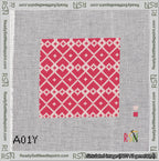 A taped needlepoint canvas with the design: Symmetrical Heart Grid Pink on Red.