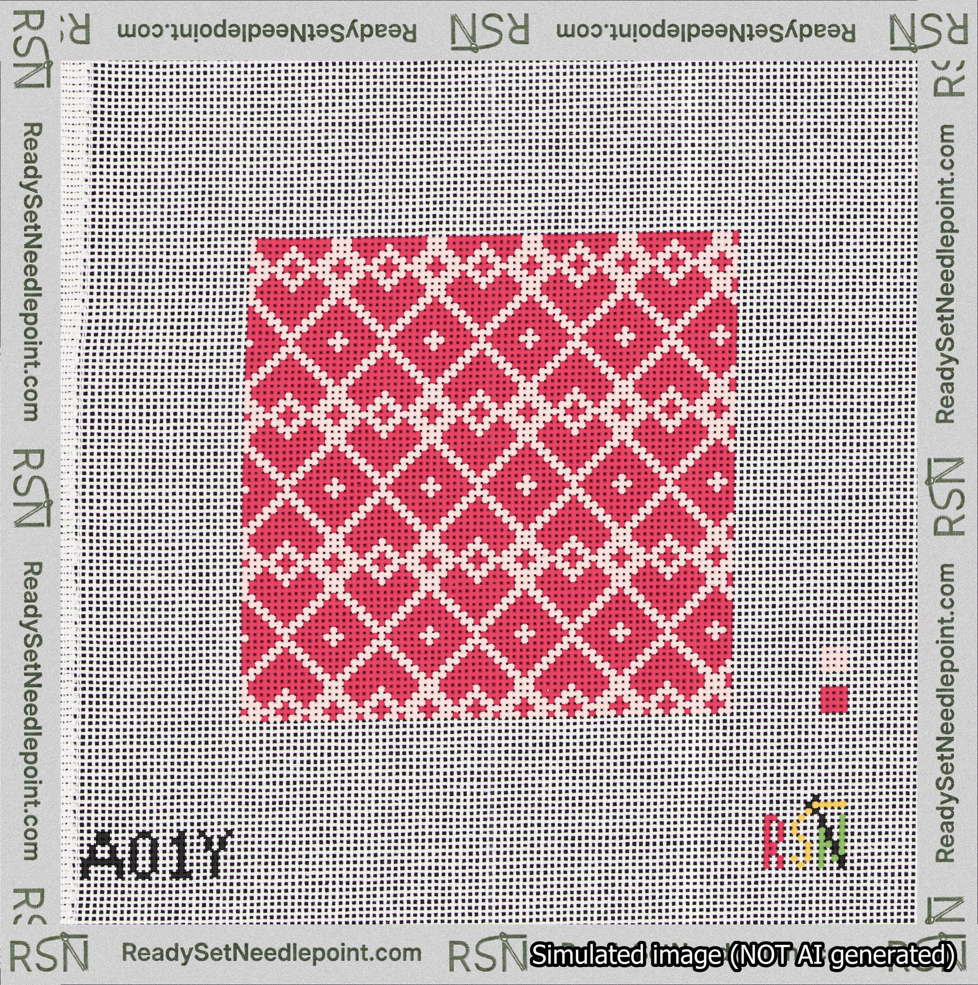 A taped needlepoint canvas with the design: Symmetrical Heart Grid Pink on Red.
