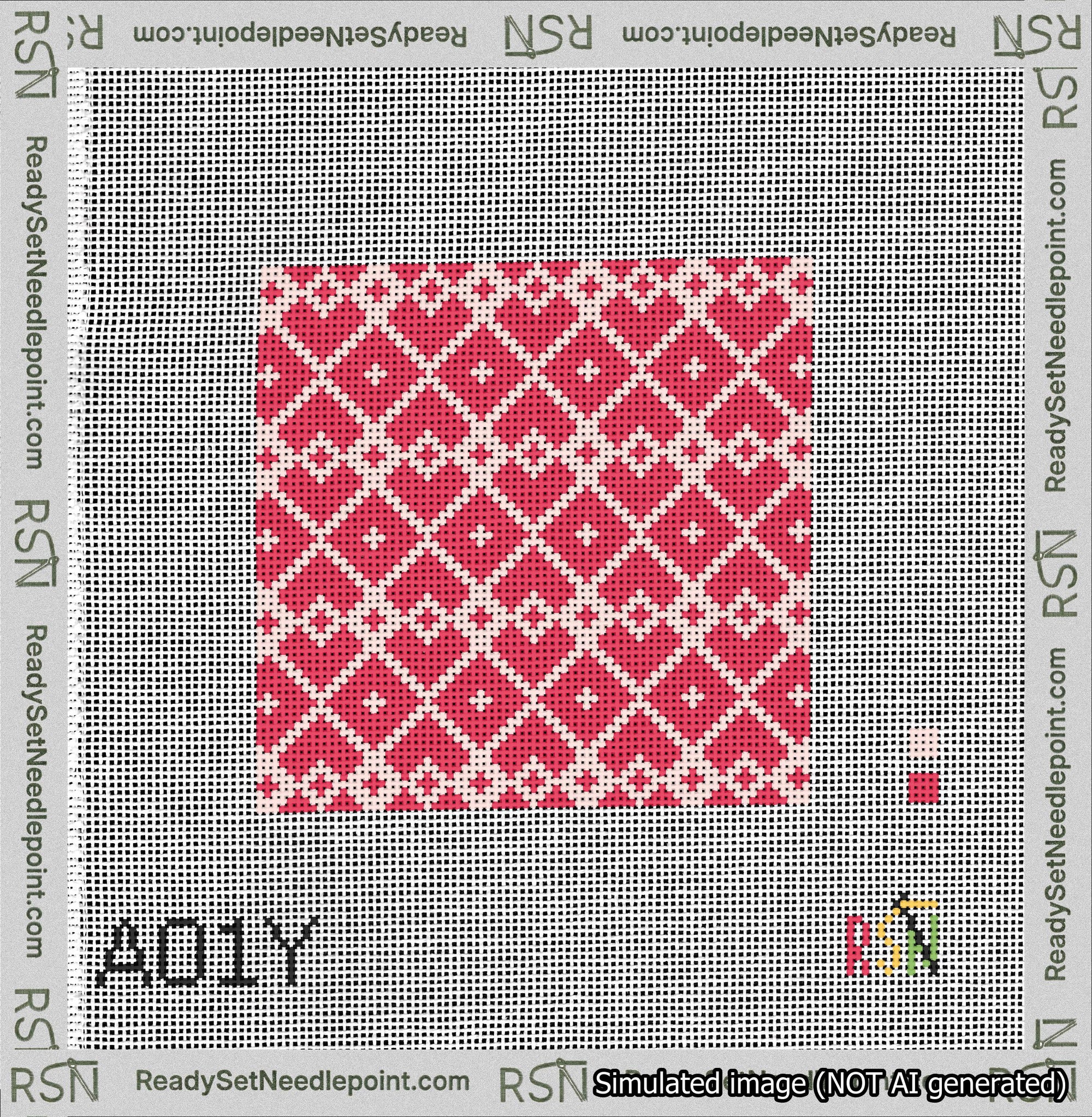 A taped needlepoint canvas with the design: Symmetrical Heart Grid Pink on Red.
