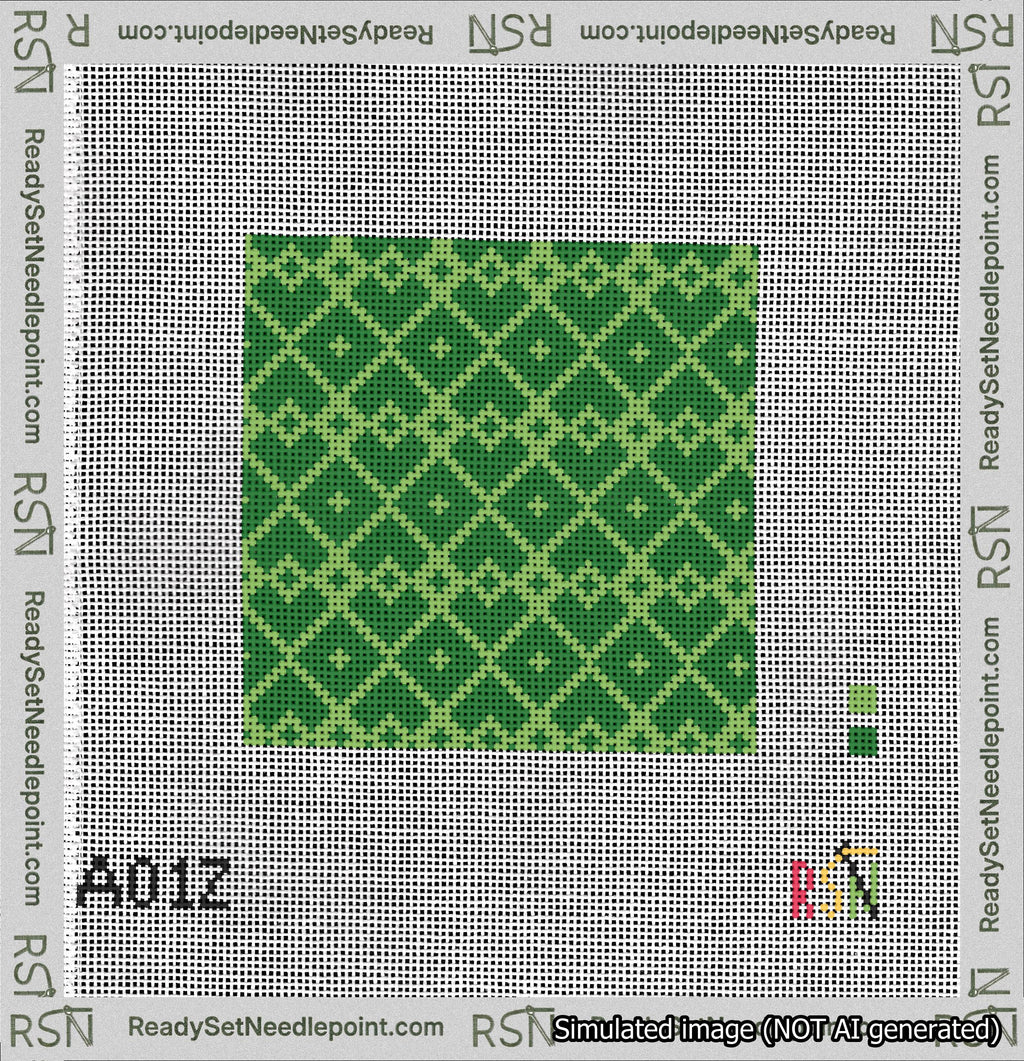 A taped needlepoint canvas with the design: Symmetrical Heart Grid Light Green on Green.