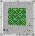 A taped needlepoint canvas with the design: Symmetrical Heart Grid Light Green on Green.