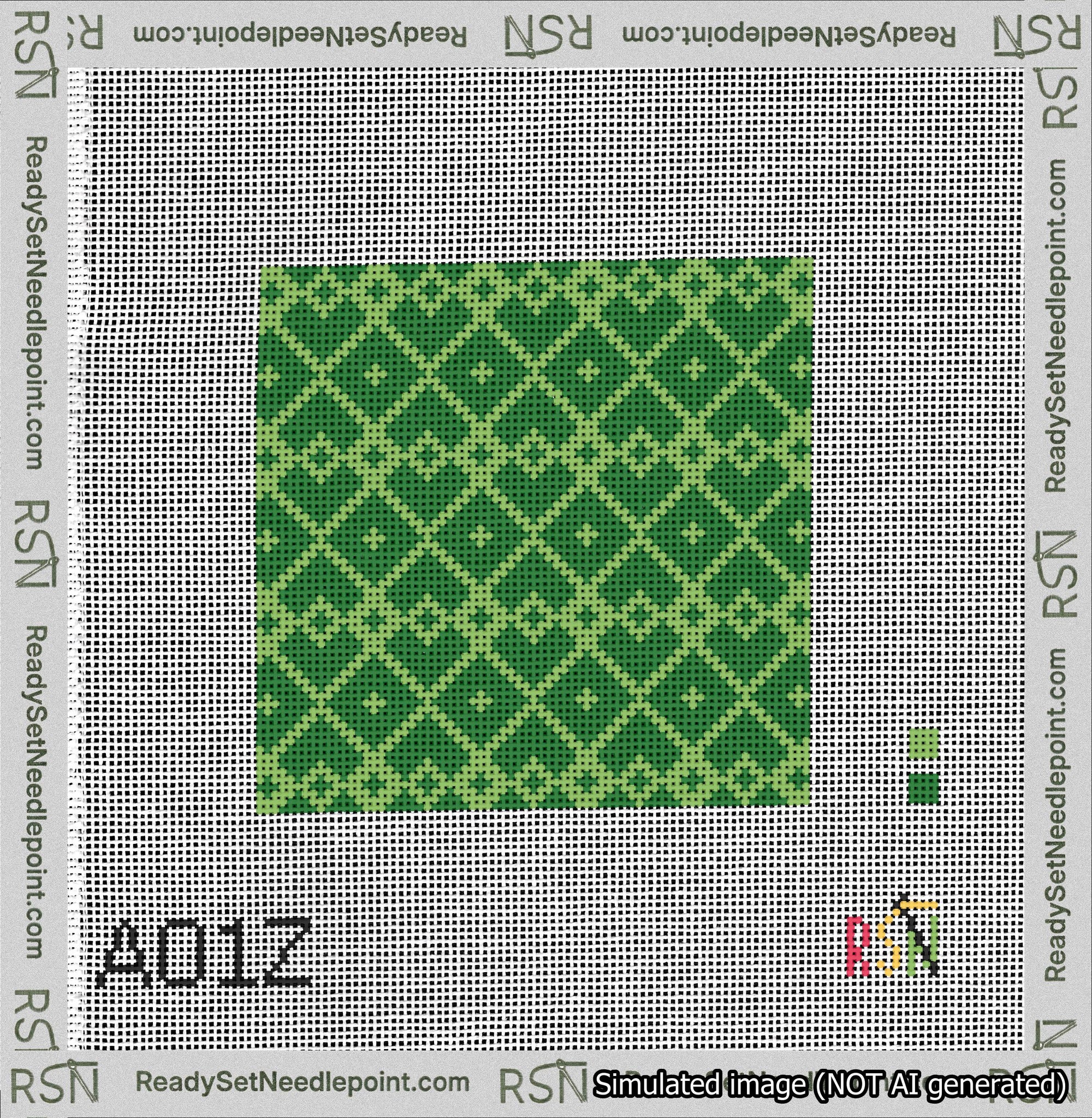 A taped needlepoint canvas with the design: Symmetrical Heart Grid Light Green on Green.