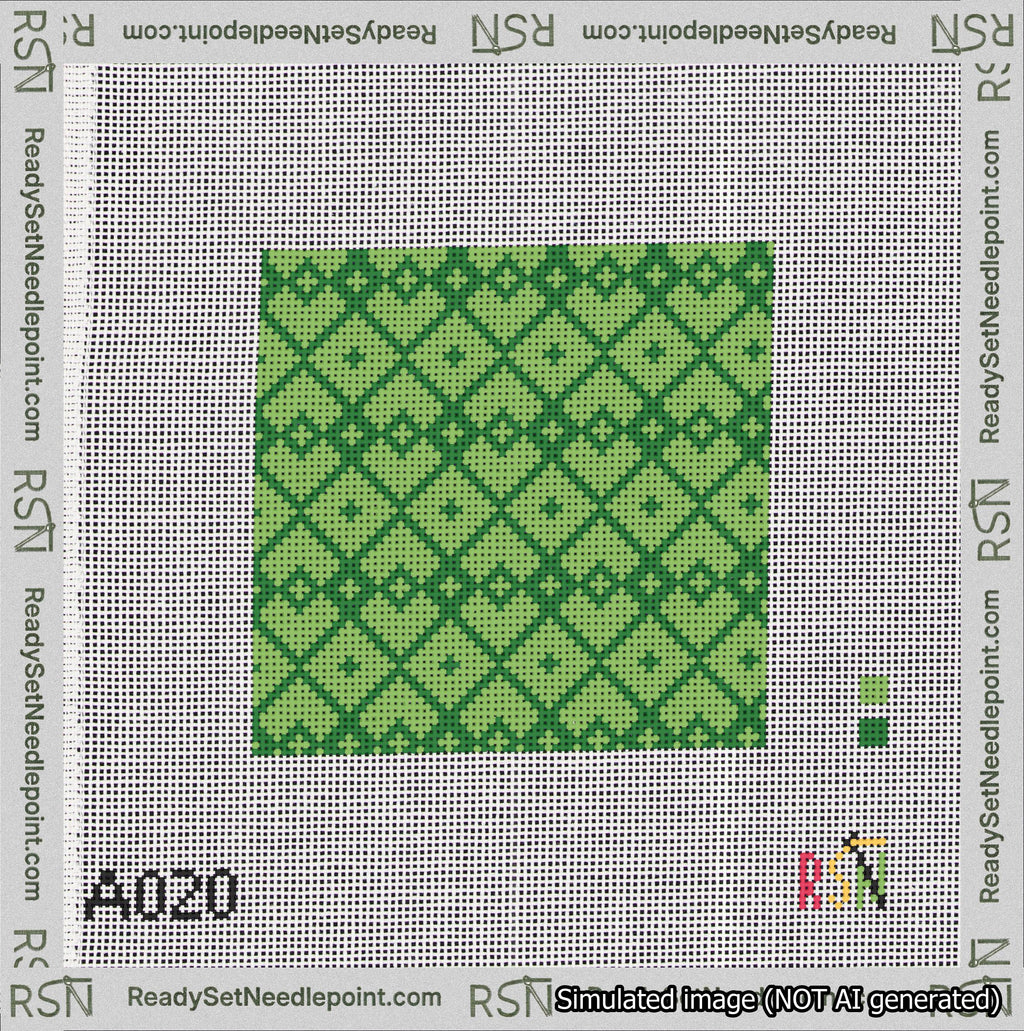 A taped needlepoint canvas with the design: Symmetrical Heart Grid Green on Light Green.