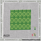 A taped needlepoint canvas with the design: Symmetrical Heart Grid Green on Light Green.