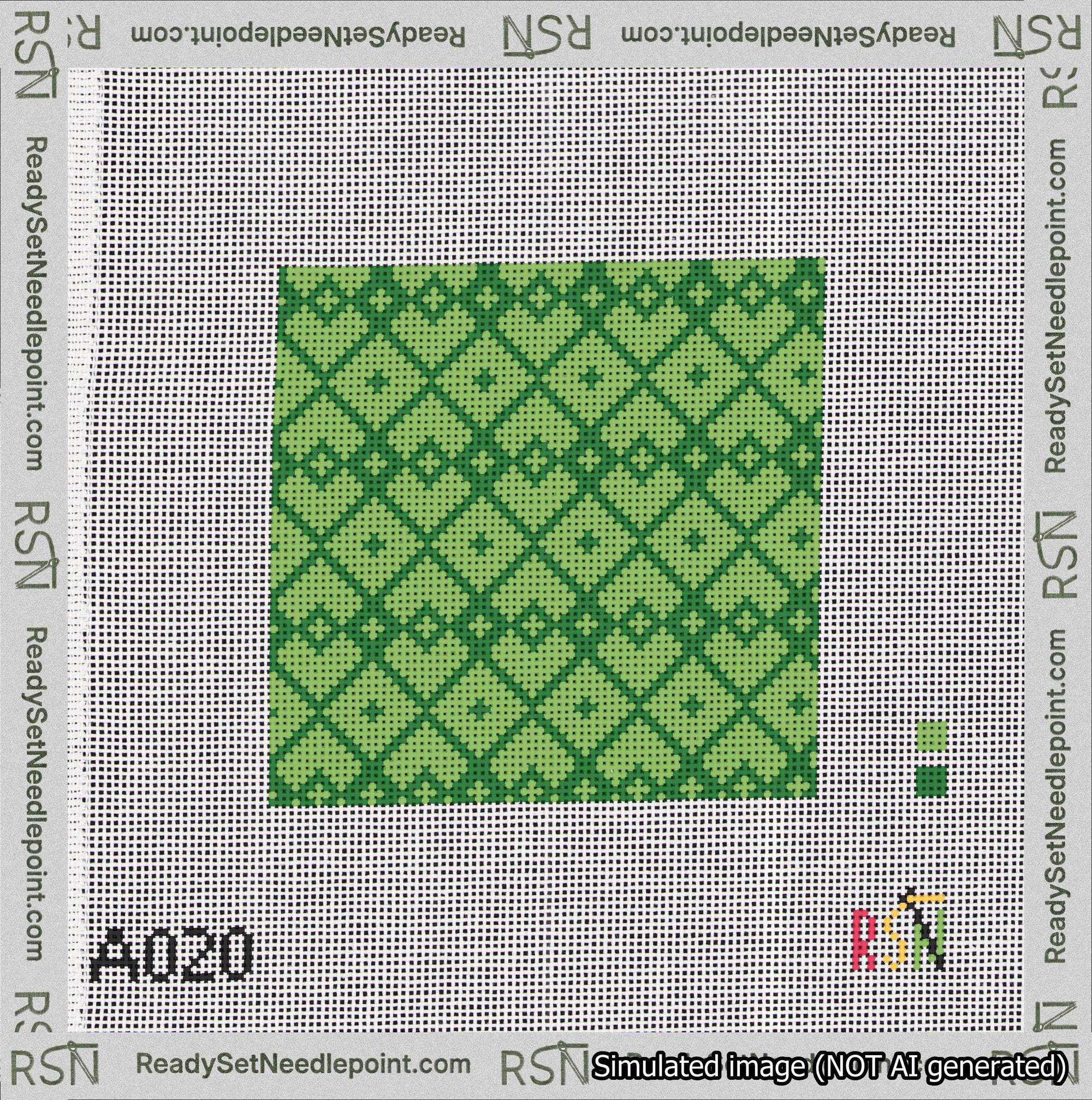 A taped needlepoint canvas with the design: Symmetrical Heart Grid Green on Light Green.