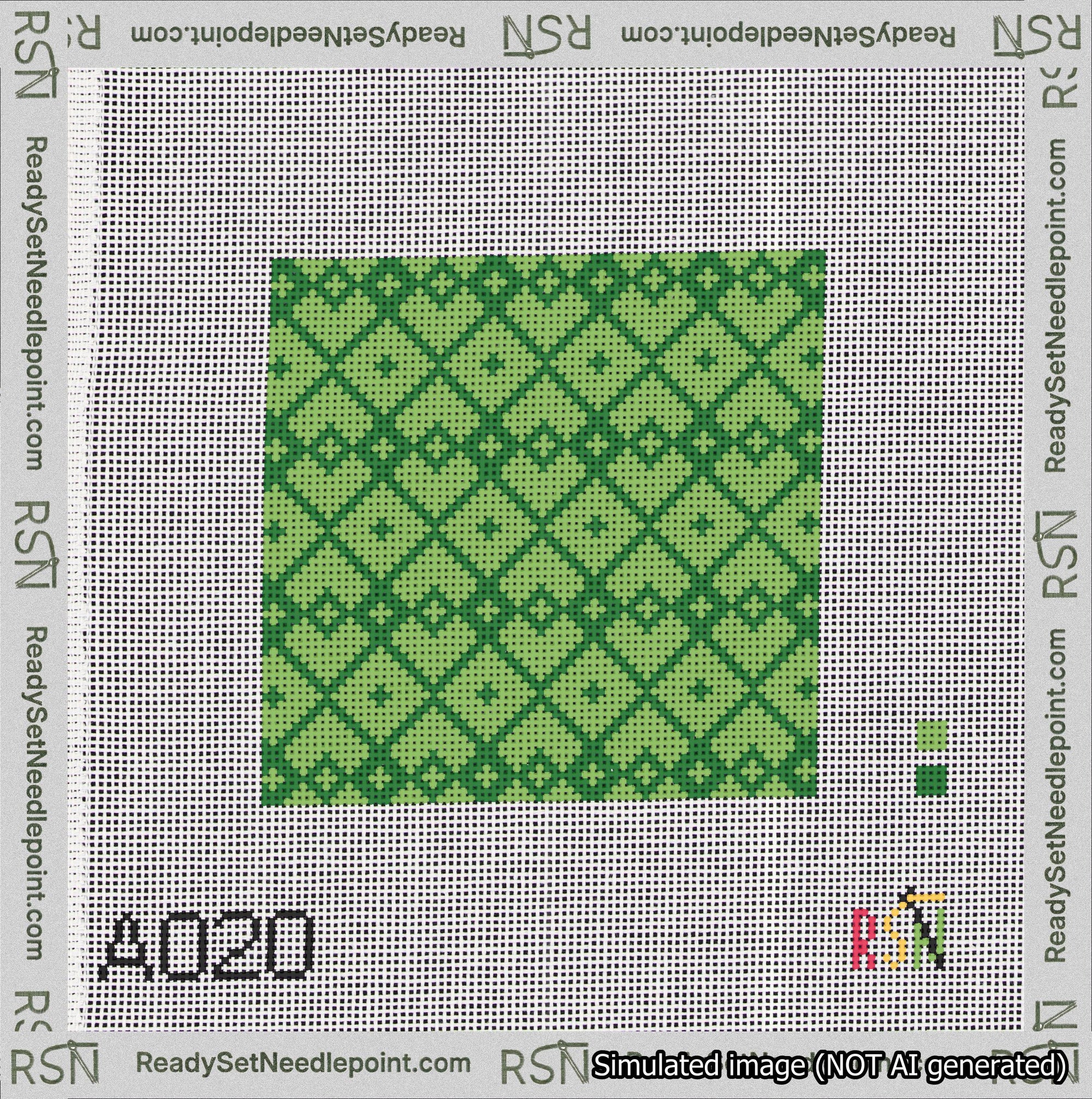 A taped needlepoint canvas with the design: Symmetrical Heart Grid Green on Light Green.