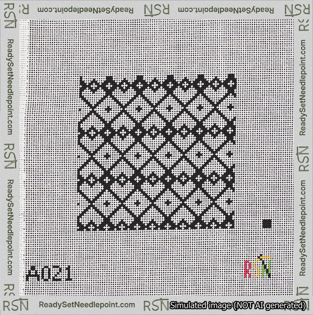 A taped needlepoint canvas with the design: Symmetrical Heart Grid Black on White.