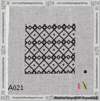 A taped needlepoint canvas with the design: Symmetrical Heart Grid Black on White.